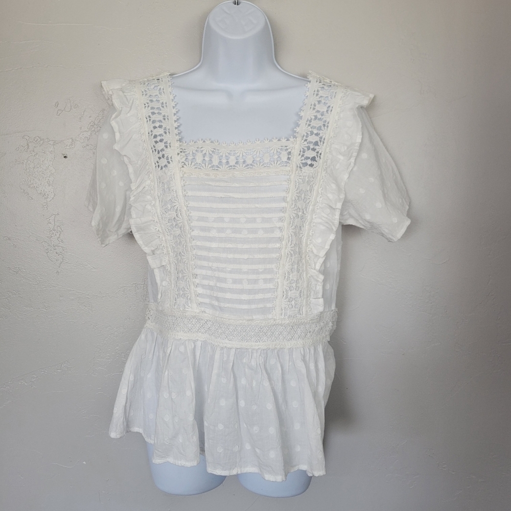 Entro Small White Short Sleeve Blouse Square Neck Ruffles Lace Swiss Dot Girly